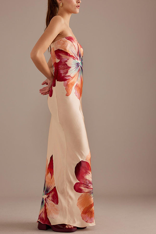 Charming Strapless Waist Cinching Satin Printed Lace Up Loose Long Dress