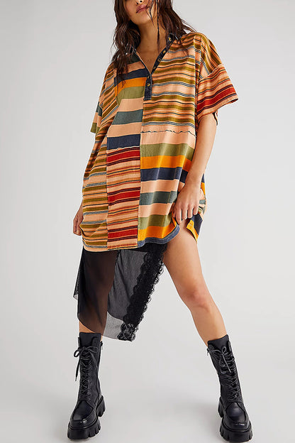 Contrast Striped Patchwork Denim Lapel Loose Mini Dress