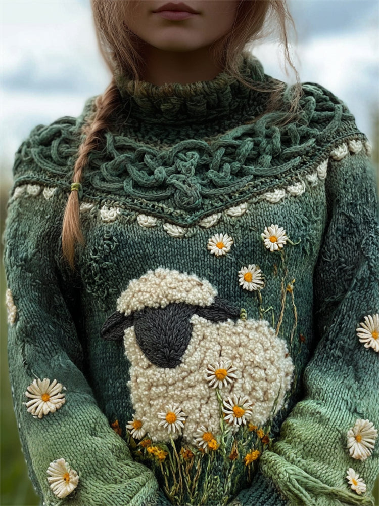 Fuzzy Sheep Daisy Floral Vintage Celtic Gradient Cozy Knit Sweater elevenforest