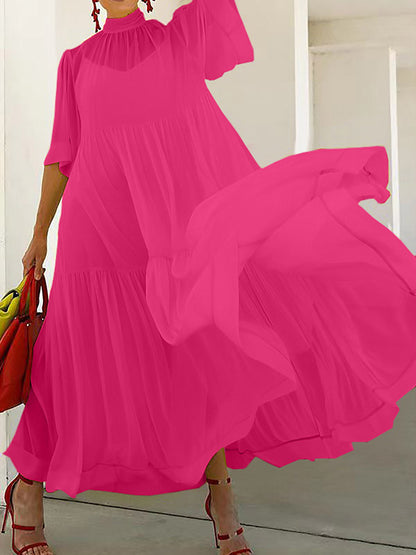 Loose Color Split-joint Inner Dress + Mesh Pleated Mock Neck Outer Dress Two Pieces Set