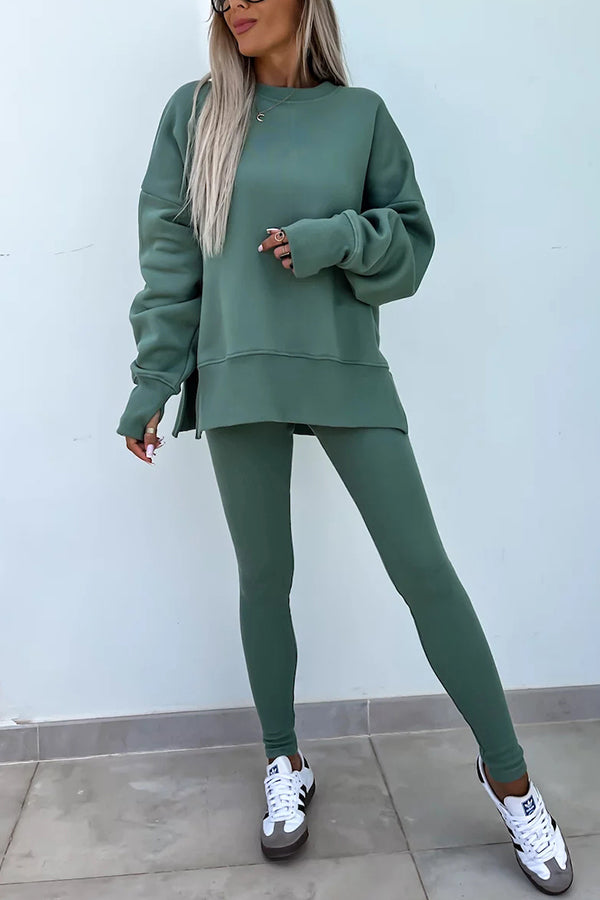 Color Loose Long Sleeve Slitsweatshirt and Elastic Waist Tight Pants Set