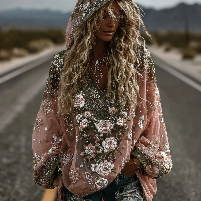 Women's Classic Romantic Pink Rose Embroidery Art Comfy Linen Long Sleeve Hooded Shirts elevenforest