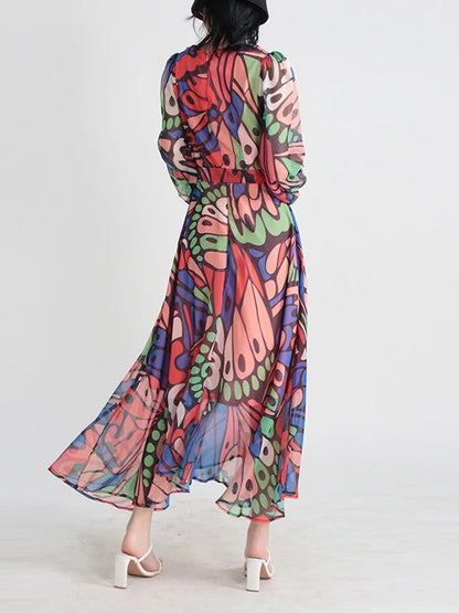 High Waisted Long Sleeves Buttoned Printed Split-joint V-neck Midi Dresses