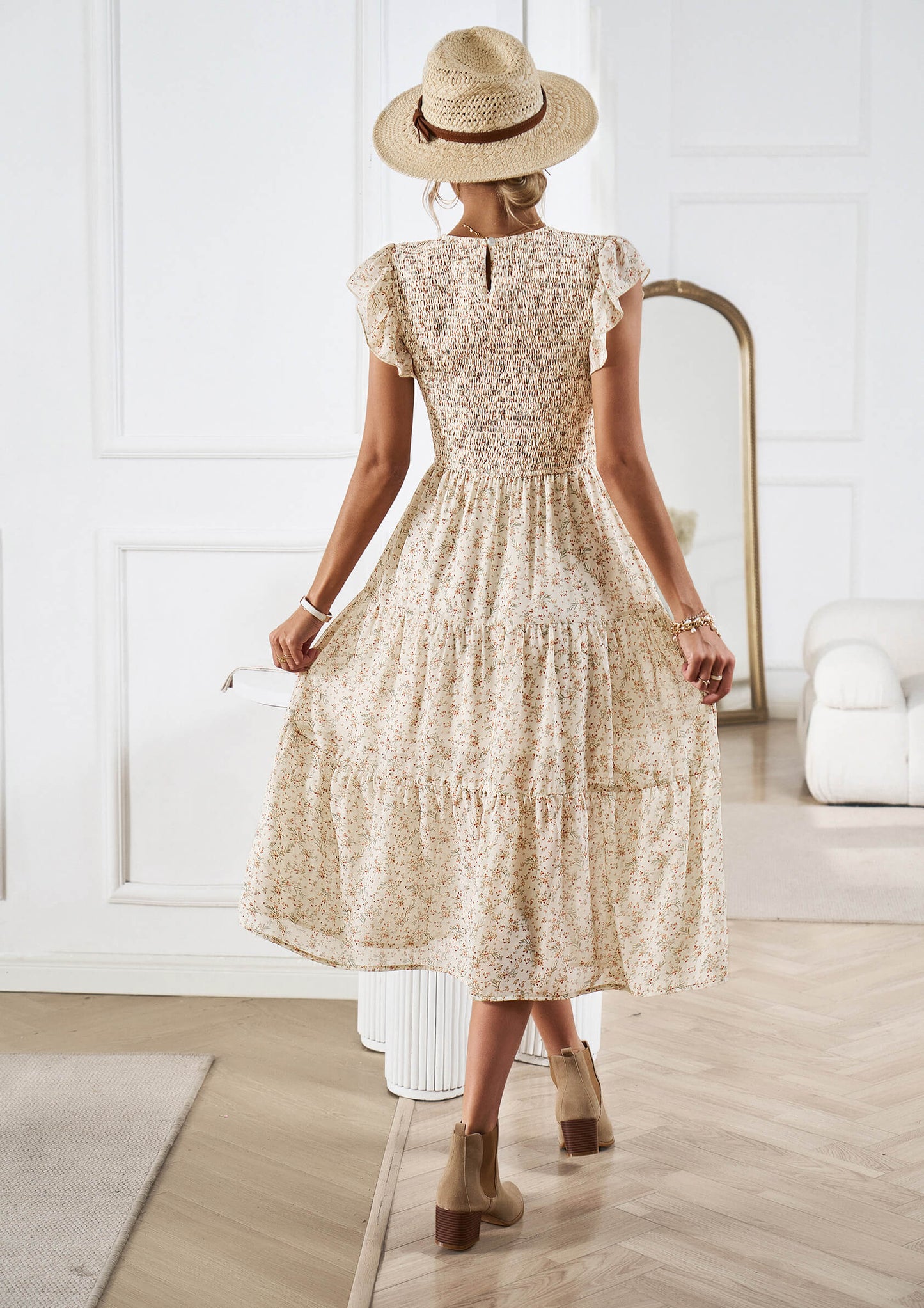 Always Falling Tiered Midi Dress - Beige