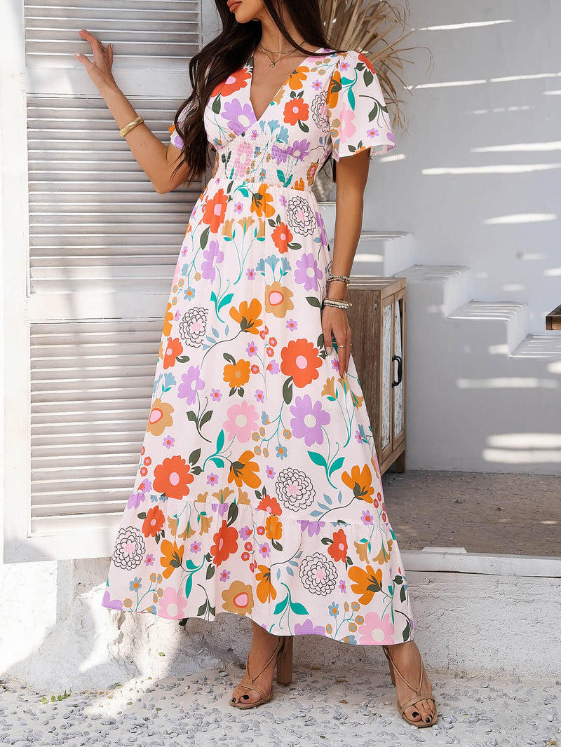 Tropical Drift Abstract Maxi Dress - Beige