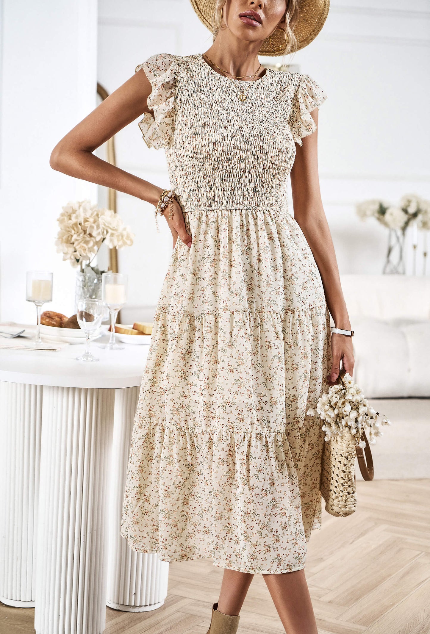 Always Falling Tiered Midi Dress - Beige