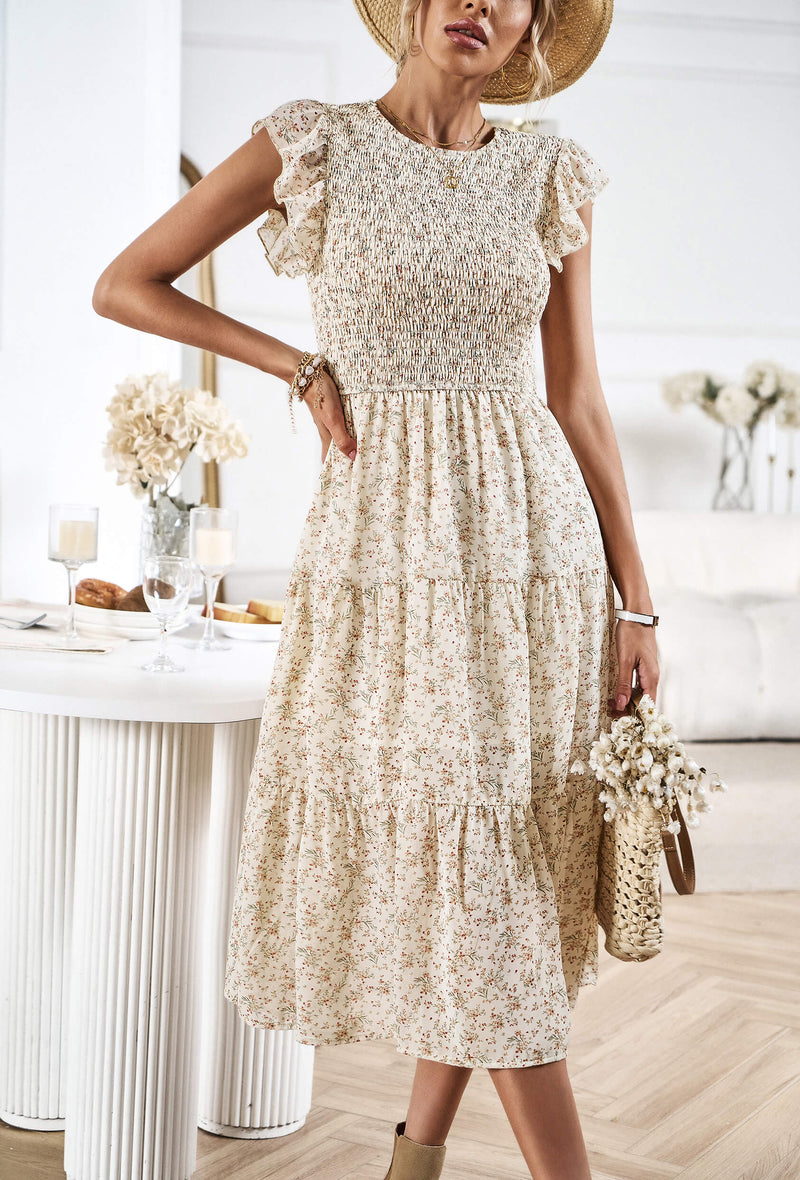 Always Falling Tiered Midi Dress - Beige