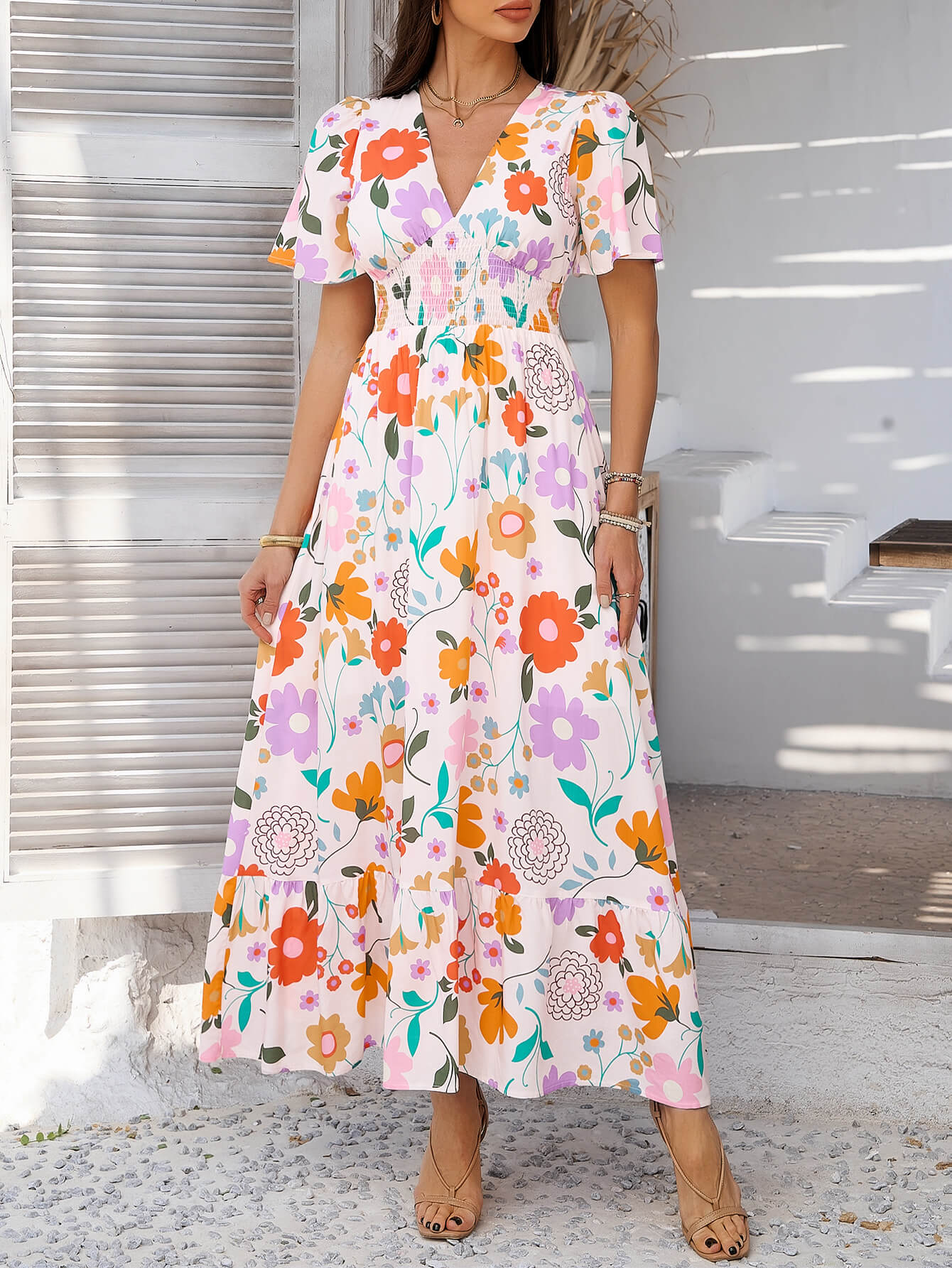 Tropical Drift Abstract Maxi Dress - Beige