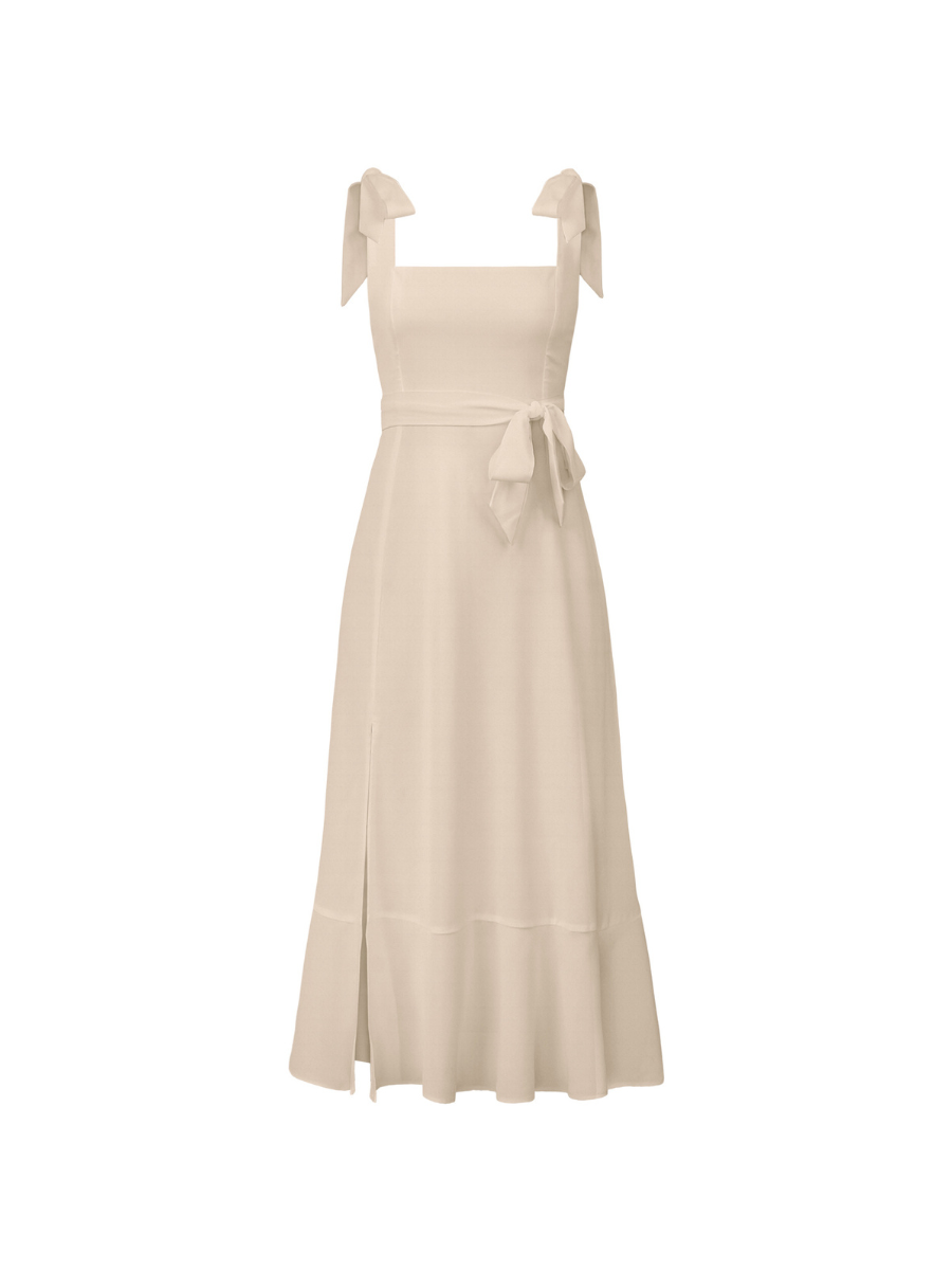 Avianca Shoulder Tie Bridal Midi Dress - Beige