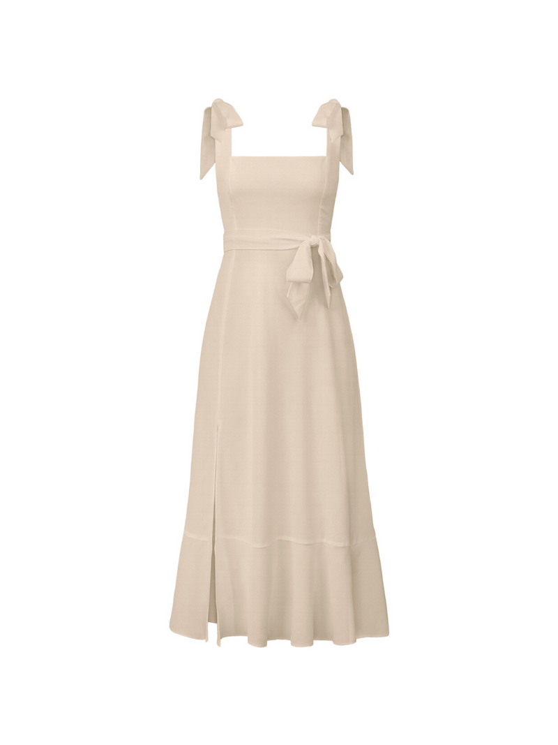 Avianca Shoulder Tie Bridal Midi Dress - Beige