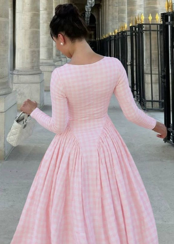 Pink Gingham Long Sleeve Midi Dress – Square Neck Fit and Flare