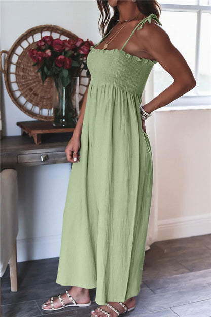 Color High Waist Linen Blend Suspender Pleated Jumpsuit