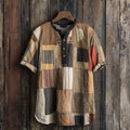 Vintage Boho Patchwork Print Men's Linen V-neck Shirt elevenforest