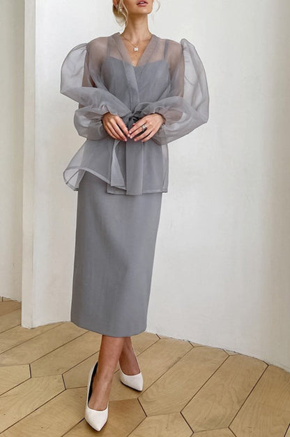 Sheer Mesh Puff-sleeve Tie-front Blouse