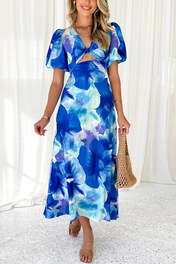 Sophia Print Satin Puff Sleeve Twist Bust Cutout Midi Dress
