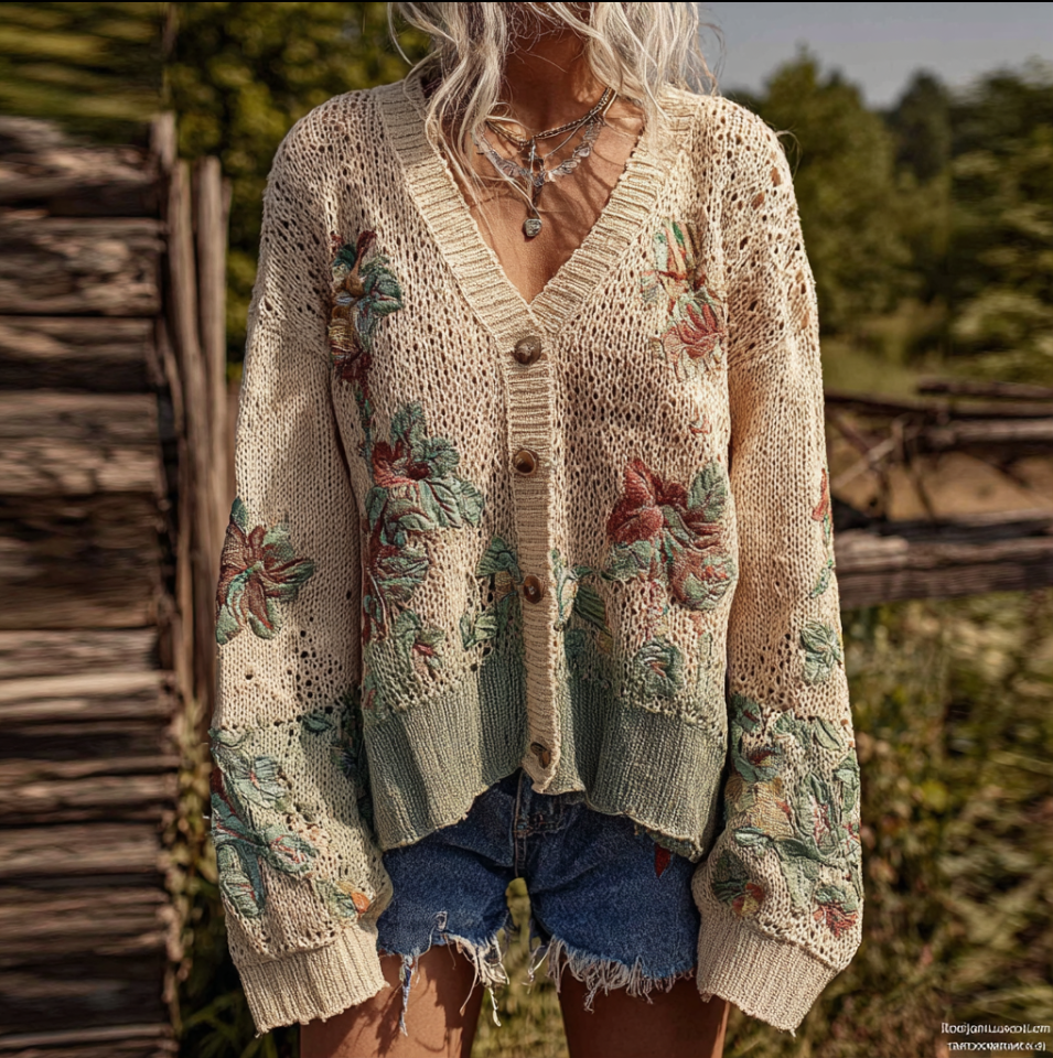 Comstylish Bohemian Style Plant Flower Pattern Embroidery Women's Knitted Sweater Coat