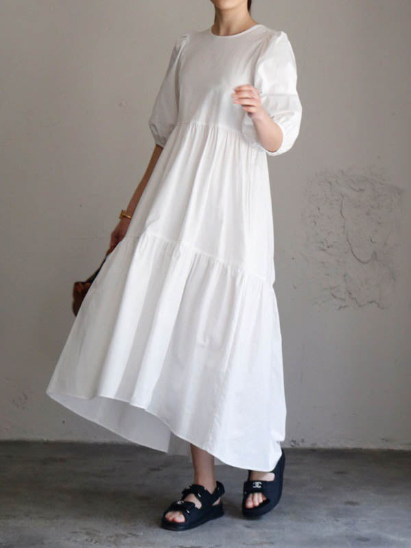 Half Sleeves Puff Sleeves Breathable See-through Color Round-neck Midi Dresses