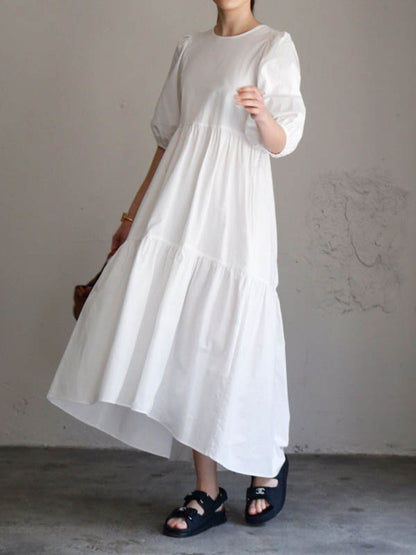 Half Sleeves Puff Sleeves Breathable See-through Color Round-neck Midi Dresses