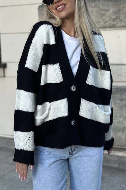 V-neck Long-sleeved Striped Pocket Knitted Cardigan