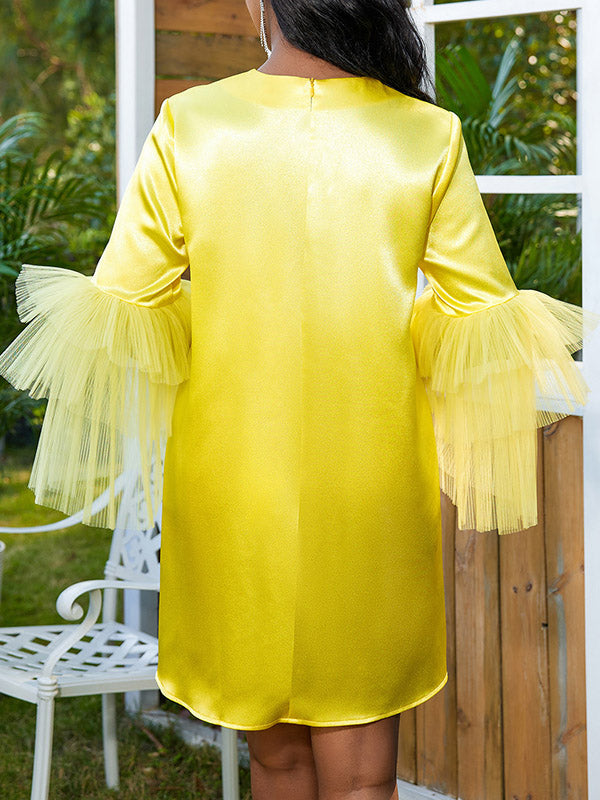 Half Sleeves Loose Shiny Color Split-joint Tulle Round-neck Mini Dresses