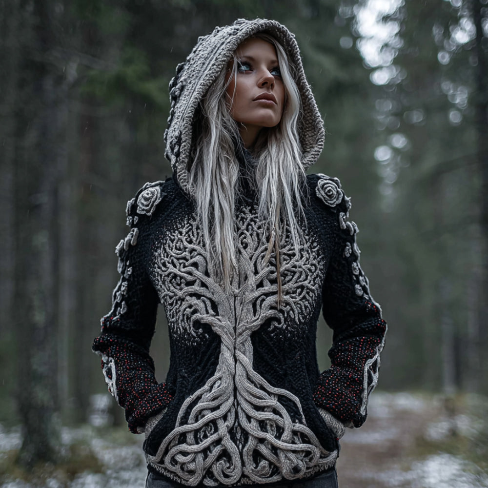 Women's Viking Style Tree Of Life Black And White Warm Hooded Sweater artswardrobe