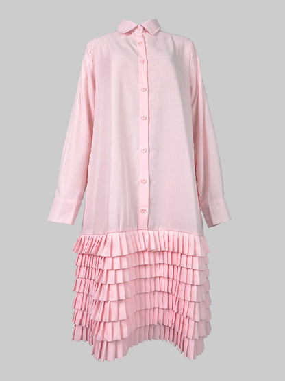 A-line Long Sleeves Layered Pleated Pockets Color Split-joint Lapel Midi Dresses Shirt Dress