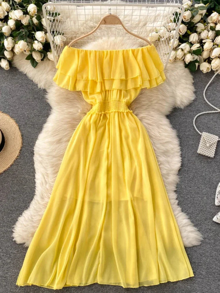 Chiffon Beach Dress Double Layer Ruffled Off the Shoulder Dresses Sweet Slash Neck Long Dress