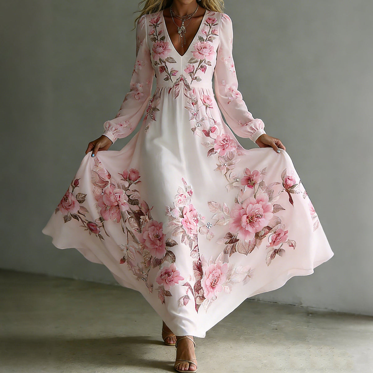 Women's Vintage Rose Printed Art V-neck Long Sleeve Maxi Dress elevenforest