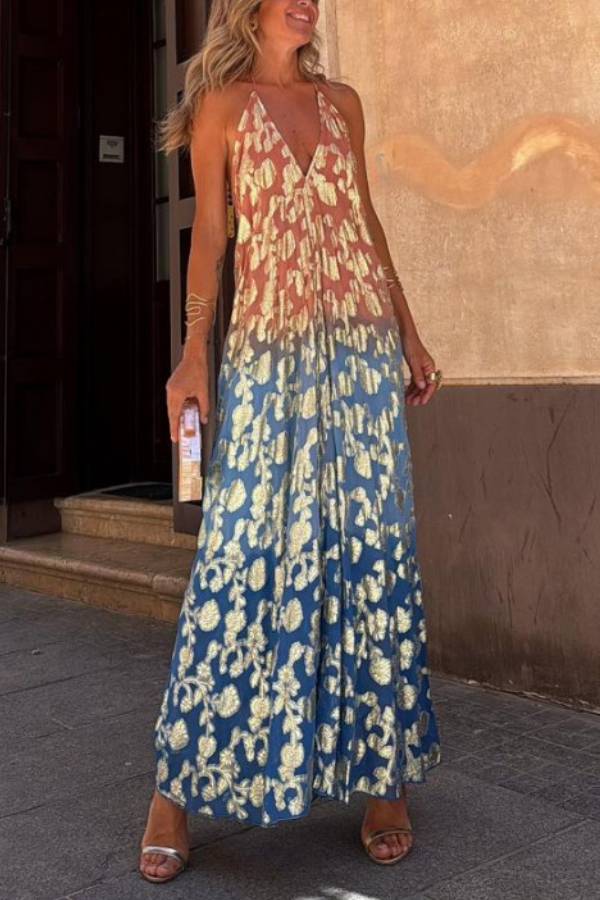 Bianca Tie-dye Ombre Gold Print A-line Halterneck Maxi Dress