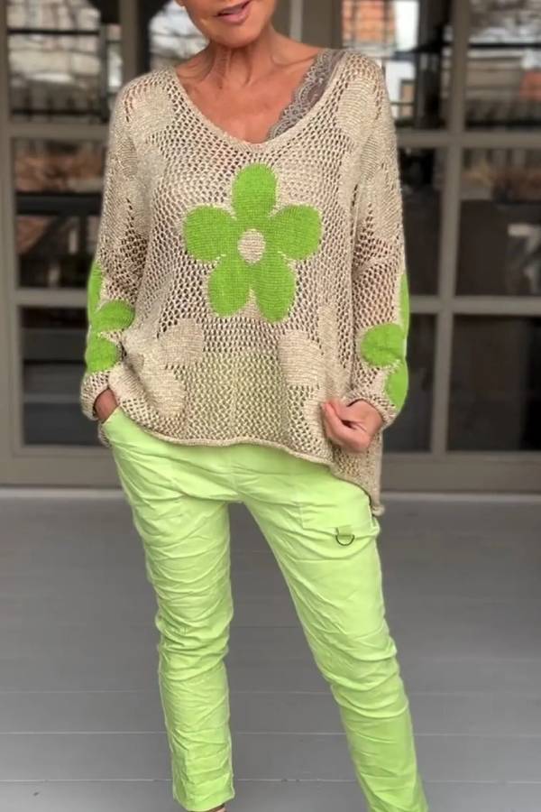 Knitted Hollow V-neck Shirt Mesh Sweater