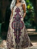 Women's Vintage Ethnic Floral Art Print V-Neck Button Pocket Cotton Dr