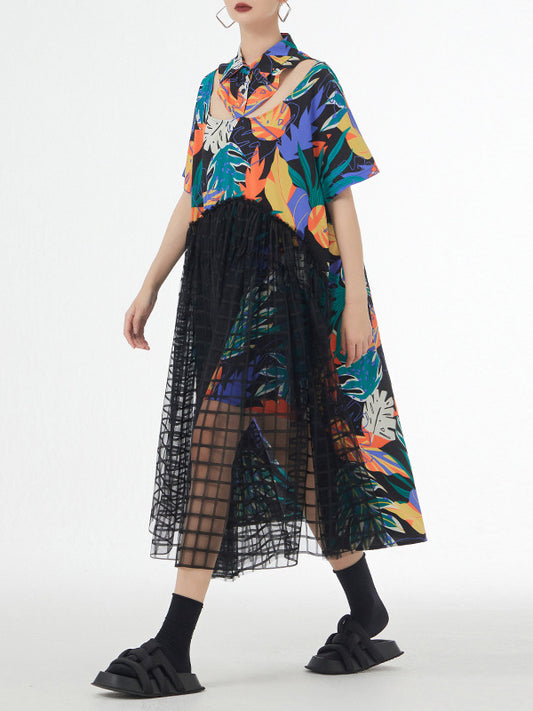 A-line Loose Buttoned Hollow Mesh Printed Split-joint Lapel Midi Dresses