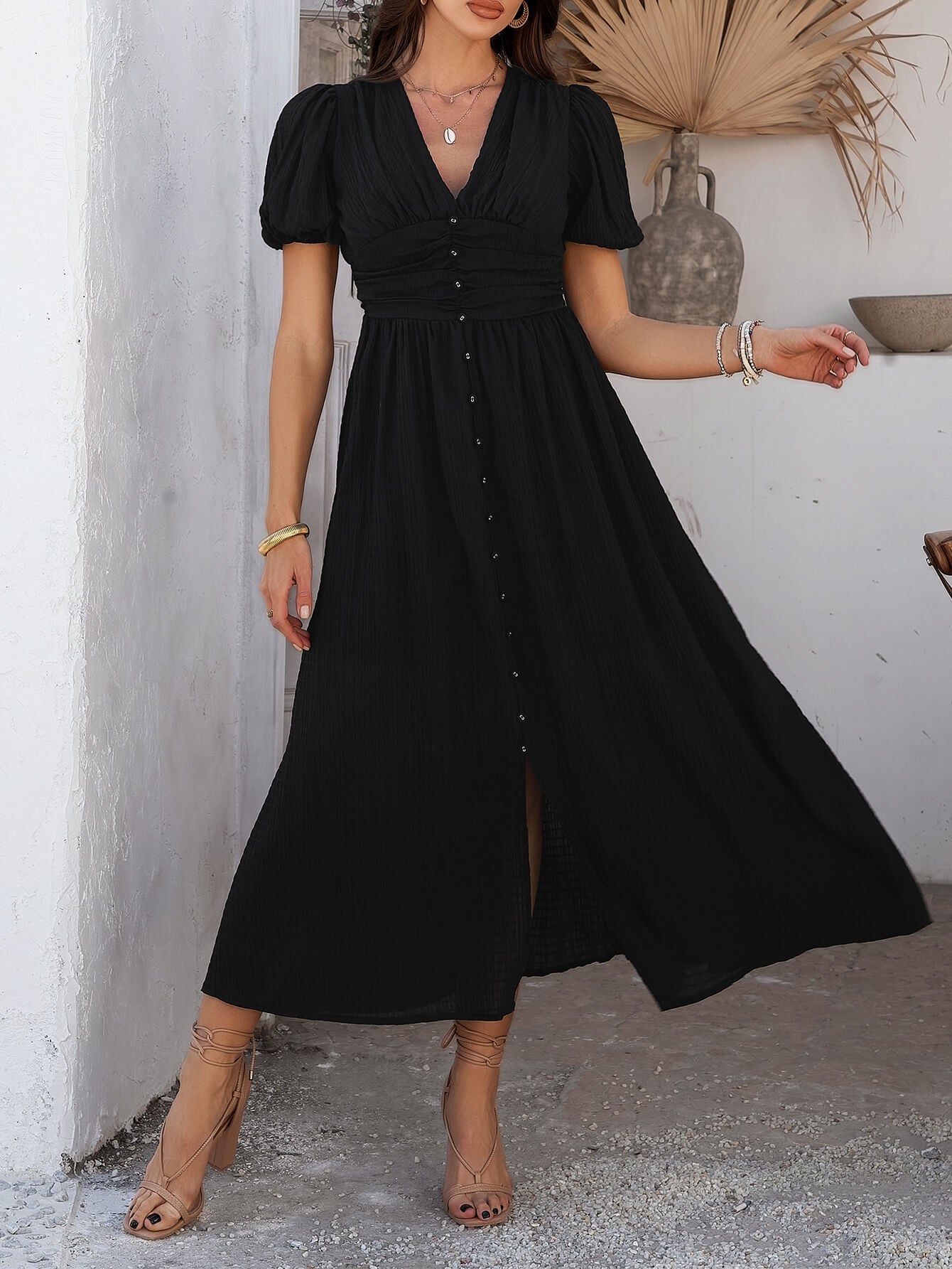 Coriene Short Puff Sleeve Maxi Dress - Black