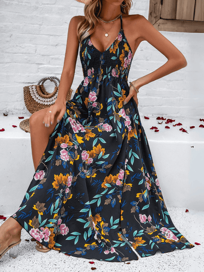 Hawaii Print Tie Back Halter Maxi Dress - Black