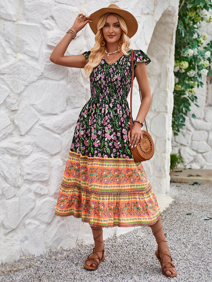 Ashlyn V-neck Tiered Midi Dress - Black