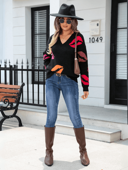 Valentine Kiss Knit Sweater - Black