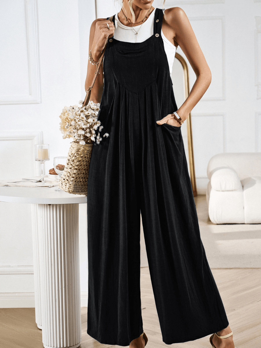 Linette Wide Leg Linen Overalls - Black