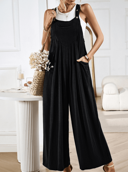 Linette Wide Leg Linen Overalls - Black