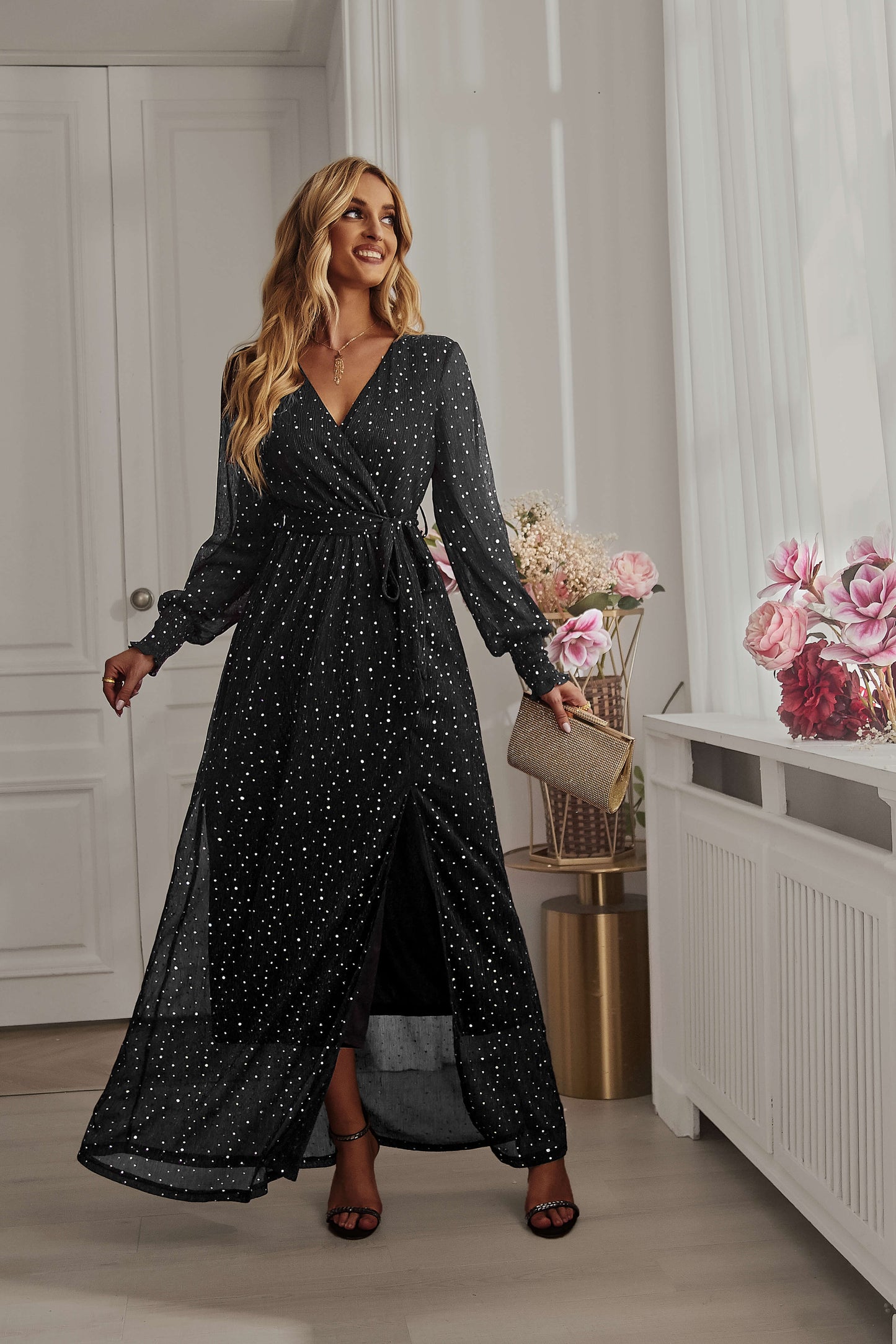 Leandra Front Split Shimmer Maxi Dress - Black