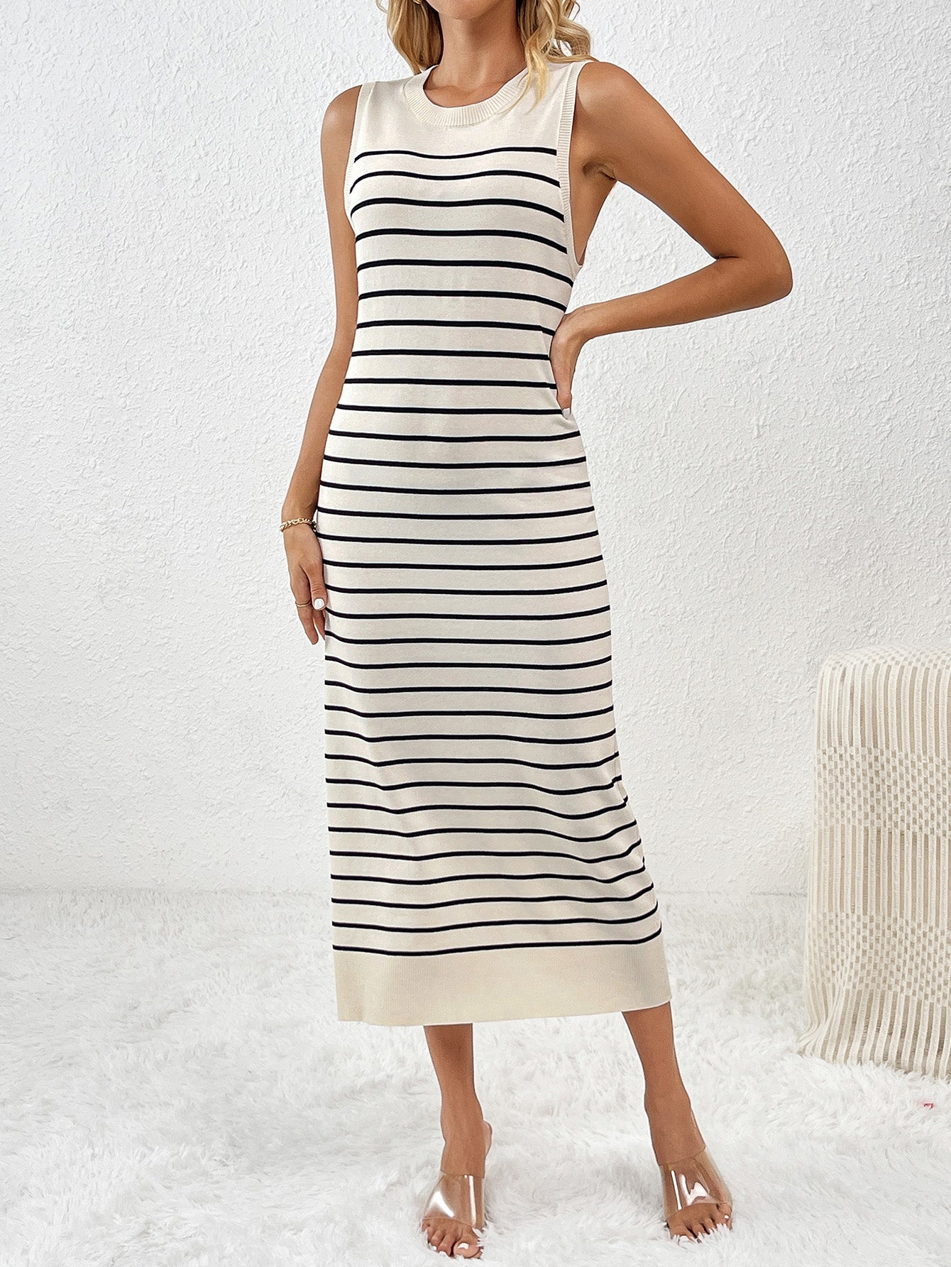 Dancing on Air Striped Knit Midi Dress - Black