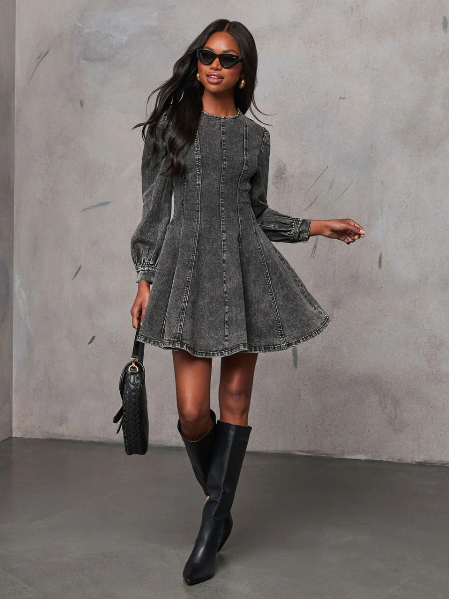Follow Me Denim Fit and Flare Mini Dress - Black