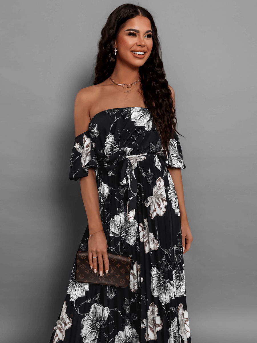 Rosalie Off the Shoulder Plisse Maxi Dress - Black