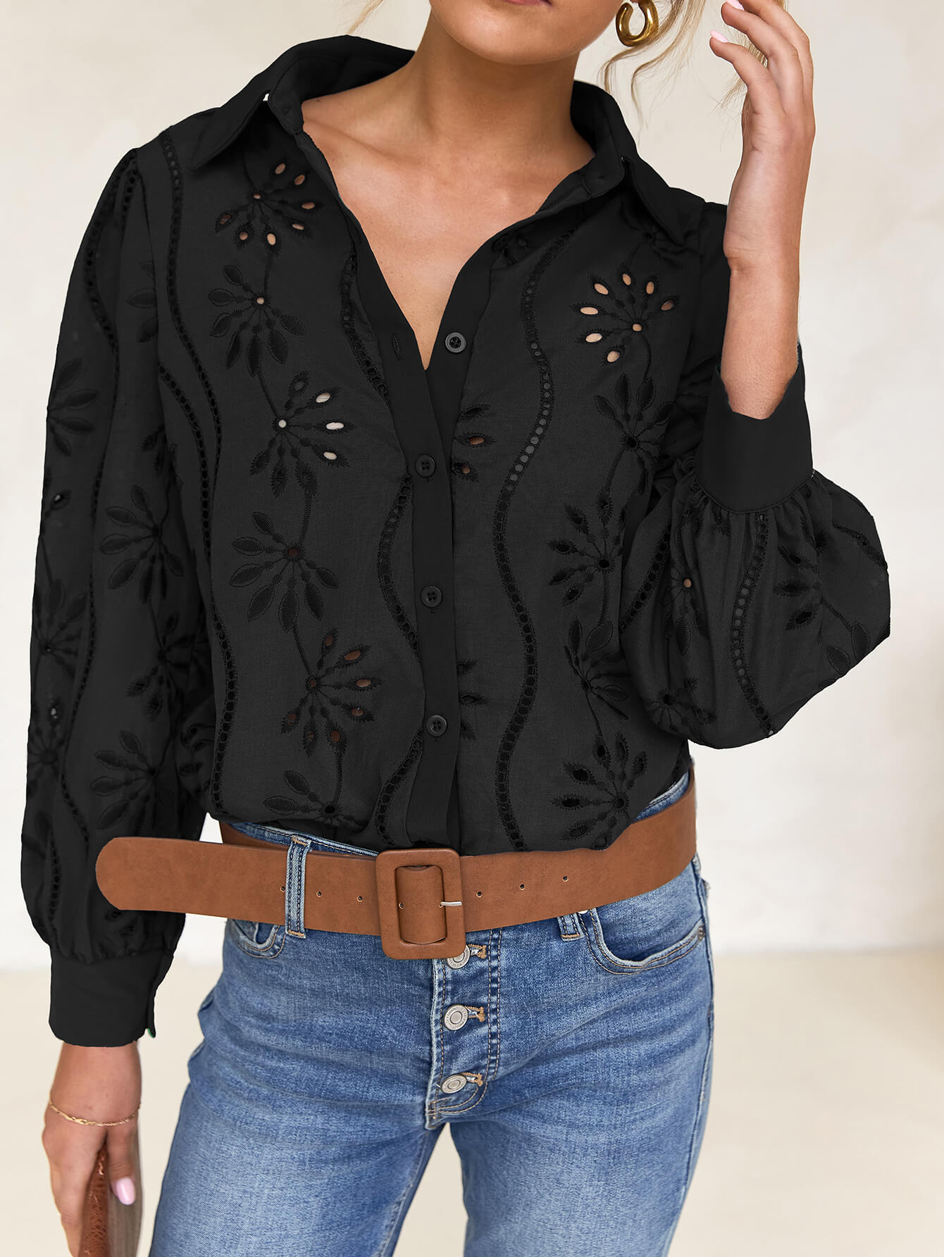 Miley Perforated Long Sleeve Blouse - Black
