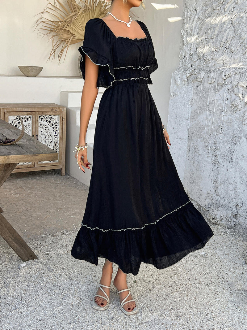 Aubrianna Ruched Contrast Trim Maxi Dress - Black