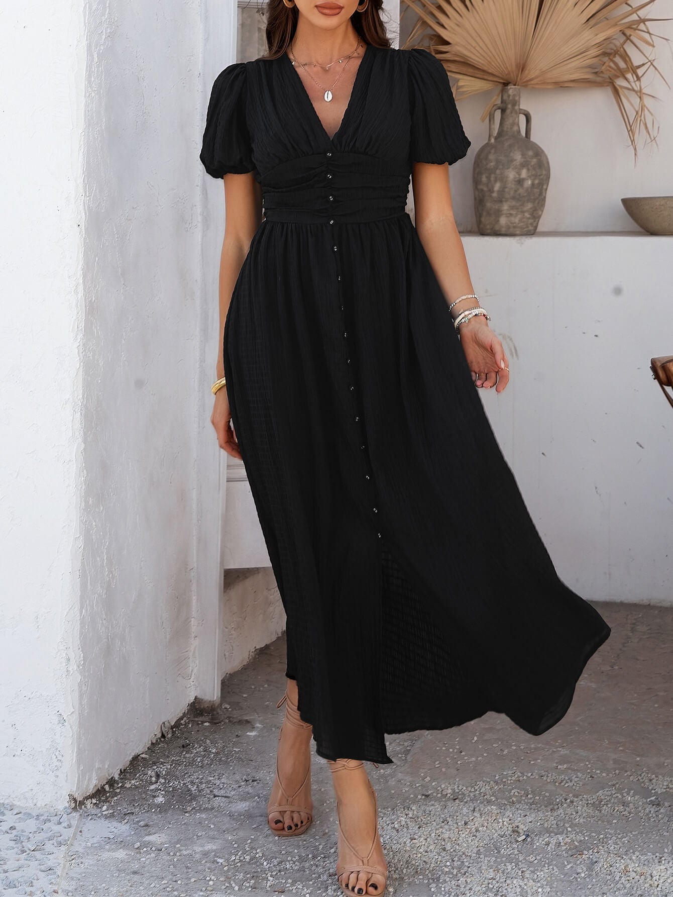 Coriene Short Puff Sleeve Maxi Dress - Black