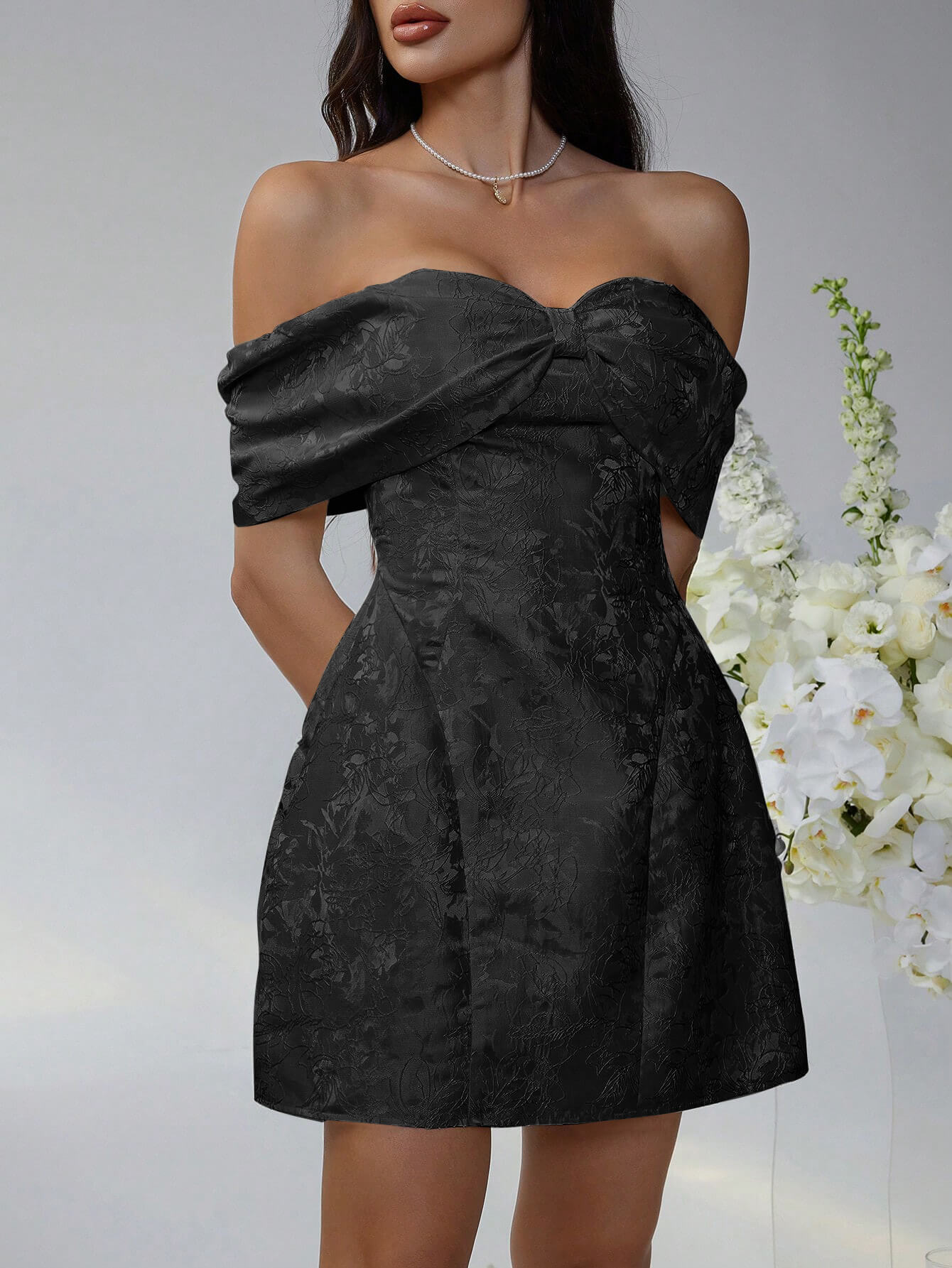 Whispering Bow Off the Shoulder Mini Dress