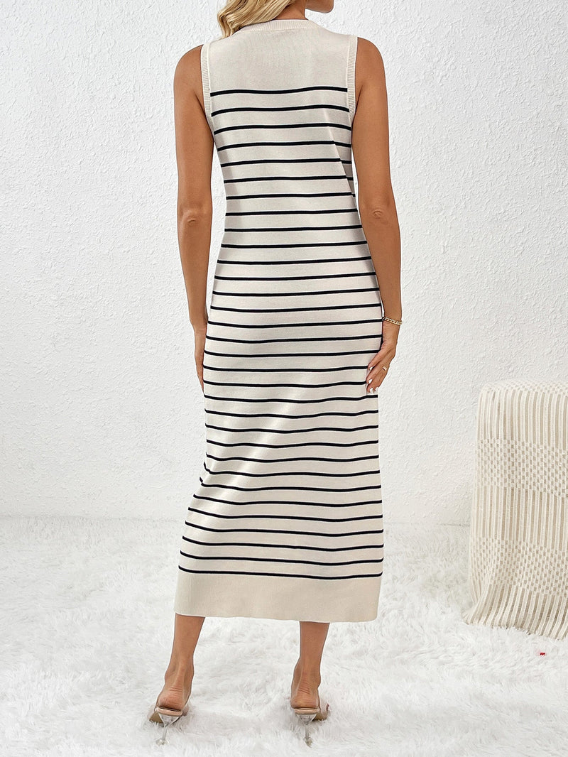 Dancing on Air Striped Knit Midi Dress - Black