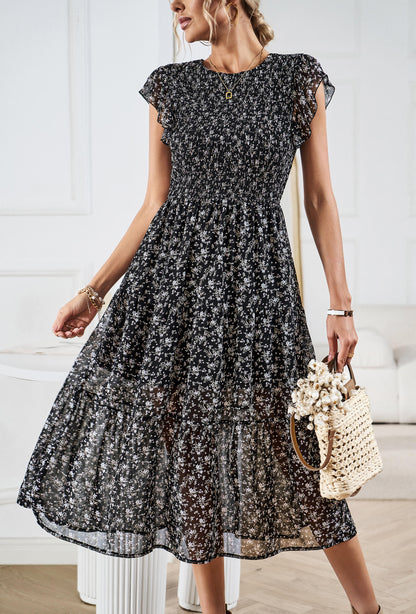 Always Falling Tiered Midi Dress - Black