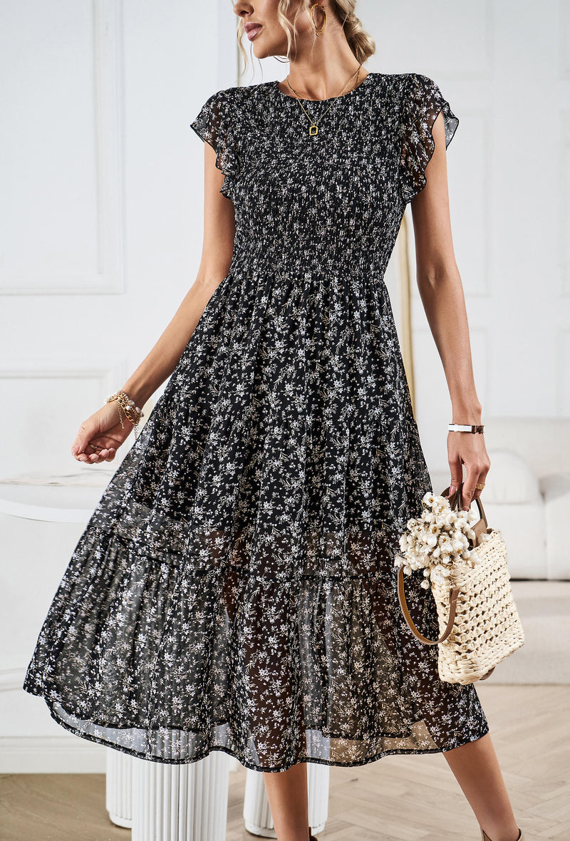 Always Falling Tiered Midi Dress - Black