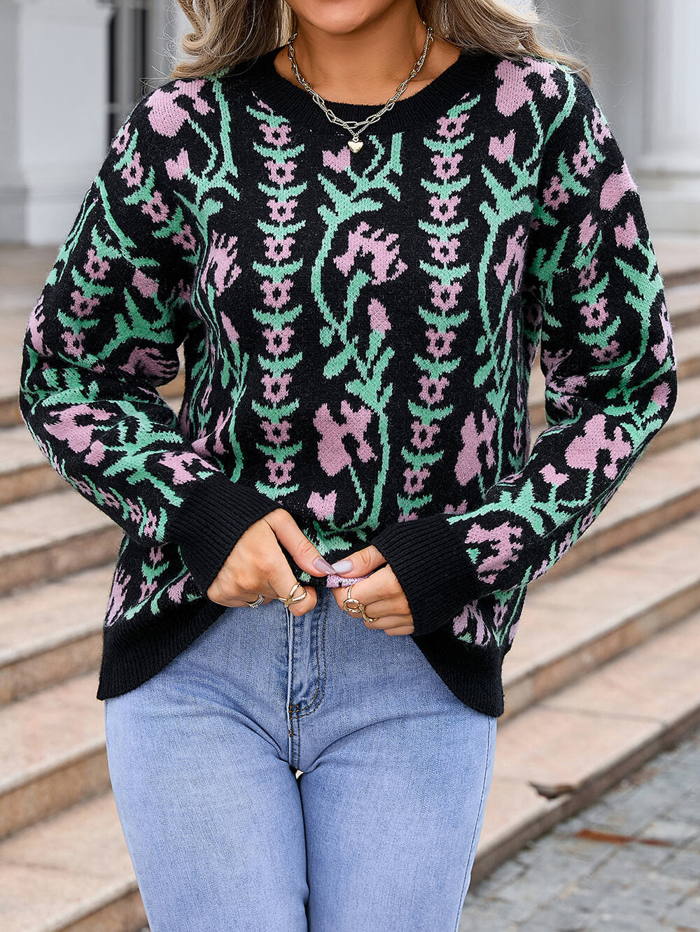 Adalia Pattern Knit Sweater - Black